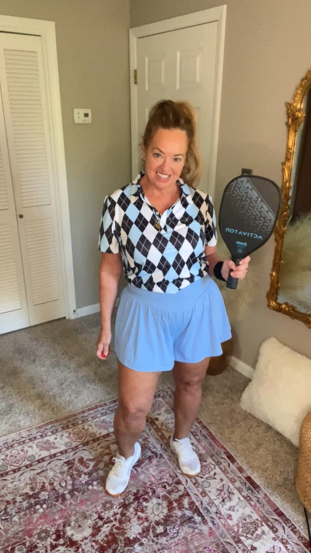 Running flowy short that looks like a skirt.
It has a v waist and hidden pocket! 
Super cute and comfortable .

#LTKfitnessgoals #LTKOver40 #LTKActive