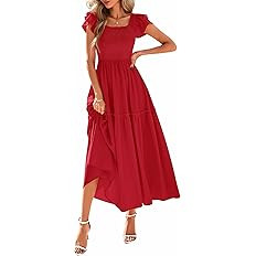 KIRUNDO Smocked Summer Dresses for Women 2026 Wedding Guest Midi Flowy Ruffle Short Sleeve Square... | Amazon (US)