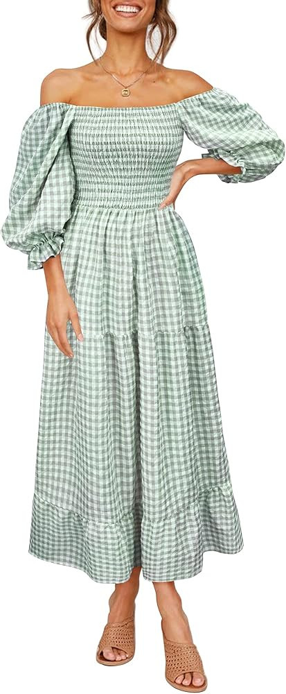 UIMLK Women's Boho Flowy Cottagecore Puff Sleeve Off The Shoulder Summer Casual Plaid Ruffle Midi... | Amazon (US)