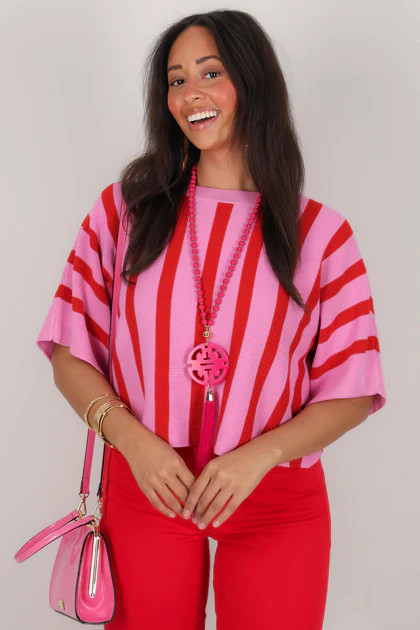 Casey Pink Striped Short Sleeve Sweater | The Willow Tree