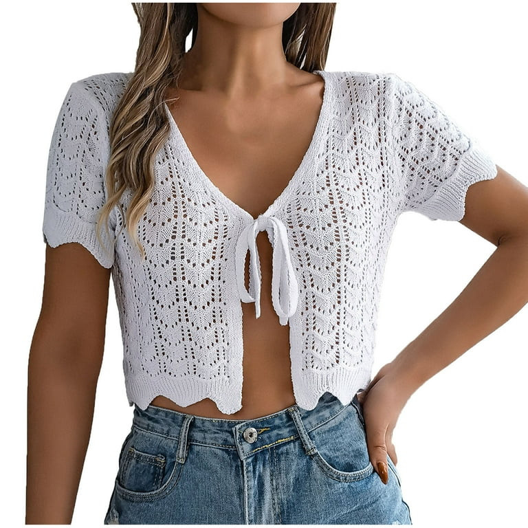 ZyeKqe Cropped Cardigans for Women Crochet Short Sleeve Knit Tops Lace up Open Front Lightweight ... | Walmart (US)