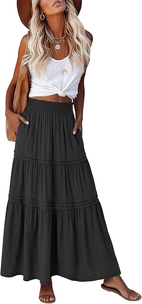 ANRABESS Maxi Skirt for Women Casual High Waisted Elastic Flowy Tiered Boho Long Skirts 2026 Summ... | Amazon (US)