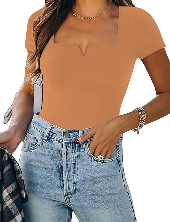 Saungkuai Women's Square Neck Notch V Neck Short Sleeve Thong Bodysuit Tops | Amazon (US)