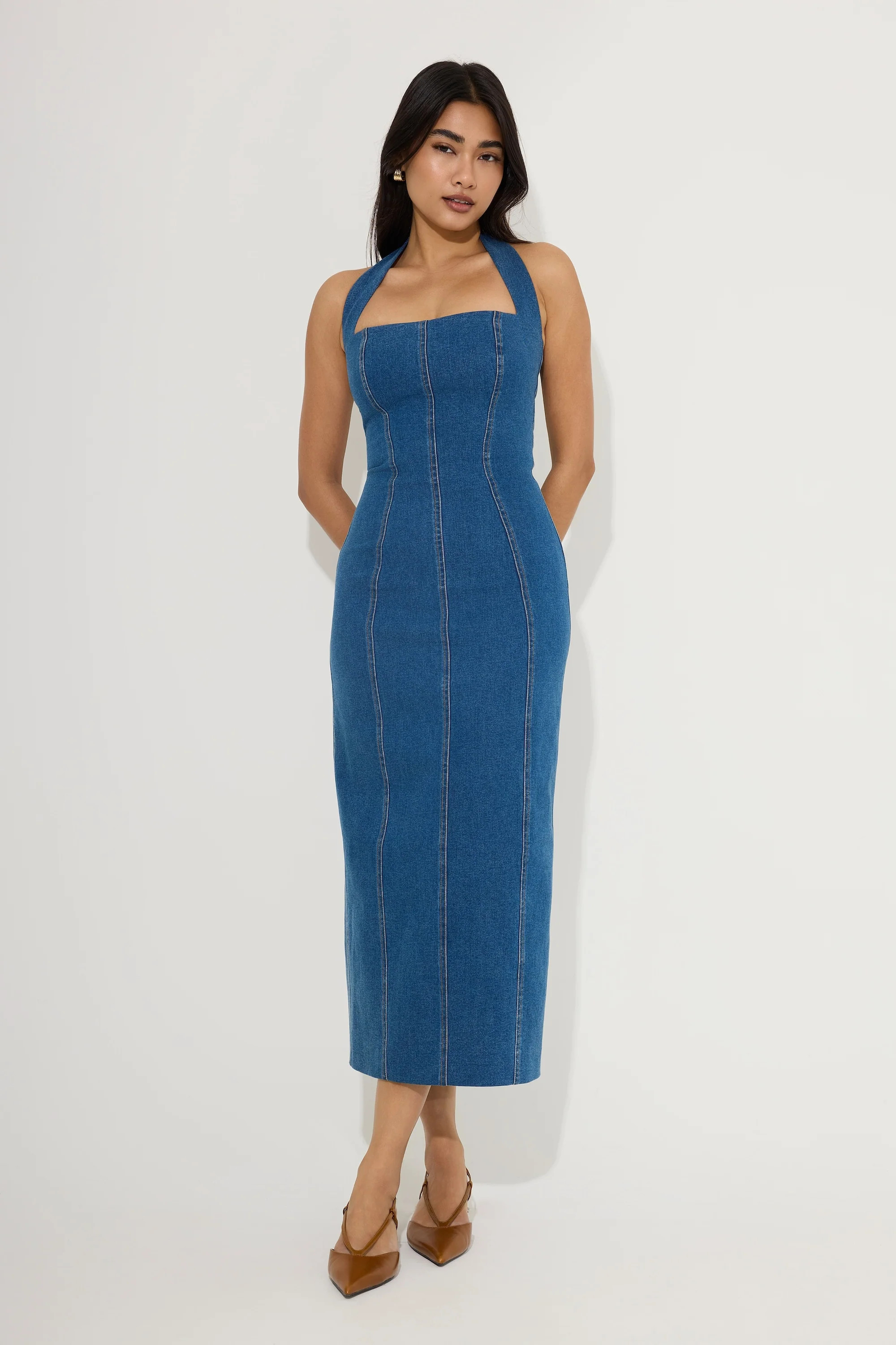 Cotton Mix Denim Halter Midi Dress | Odd Muse