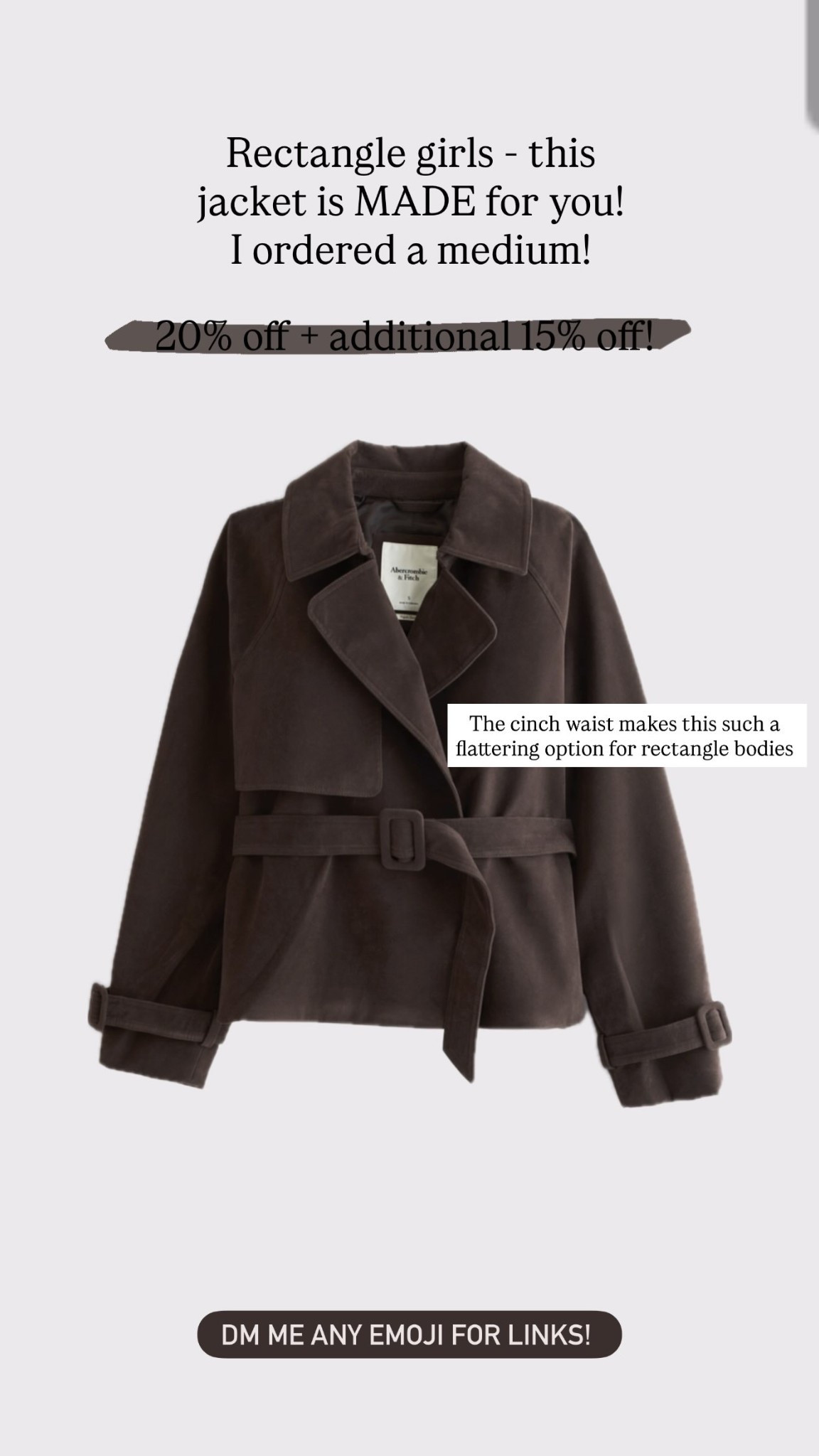 Rectangle girls - this jacket is MADE for you!
I ordered a medium! The cinch waist makes this such a flattering option for rectangle bodies  20% off + additional 15% off! Use code: DENIMAF for extra off!