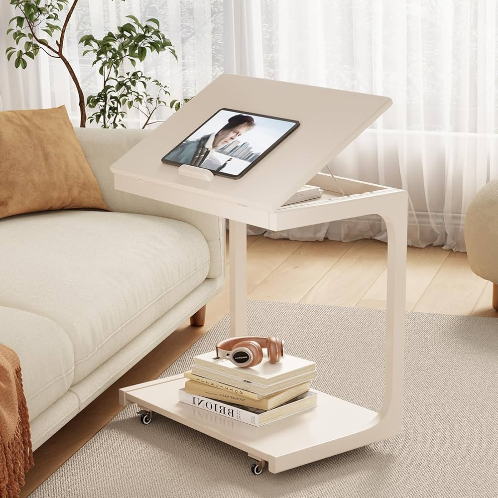 Wooden C-Shaped End Table,Couch Table with Adjustable Desktop,Small Rolling Side Table with 2 Loc... | Amazon (US)