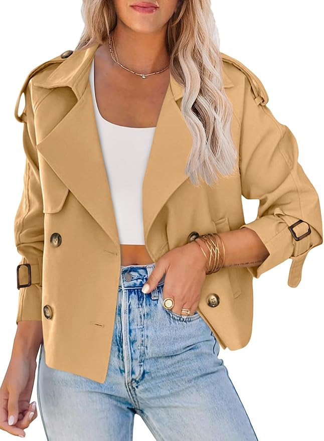 Saodimallsu Women Crop Double Breasted Trench Coat Raglan Sleeve Work Office Cropped Jacket With ... | Amazon (US)