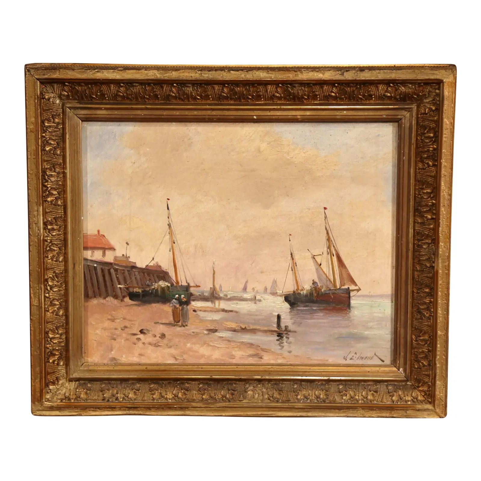 19th Century French Oil on Canvas Marine Scene Painting Signed J. Edmond | Chairish