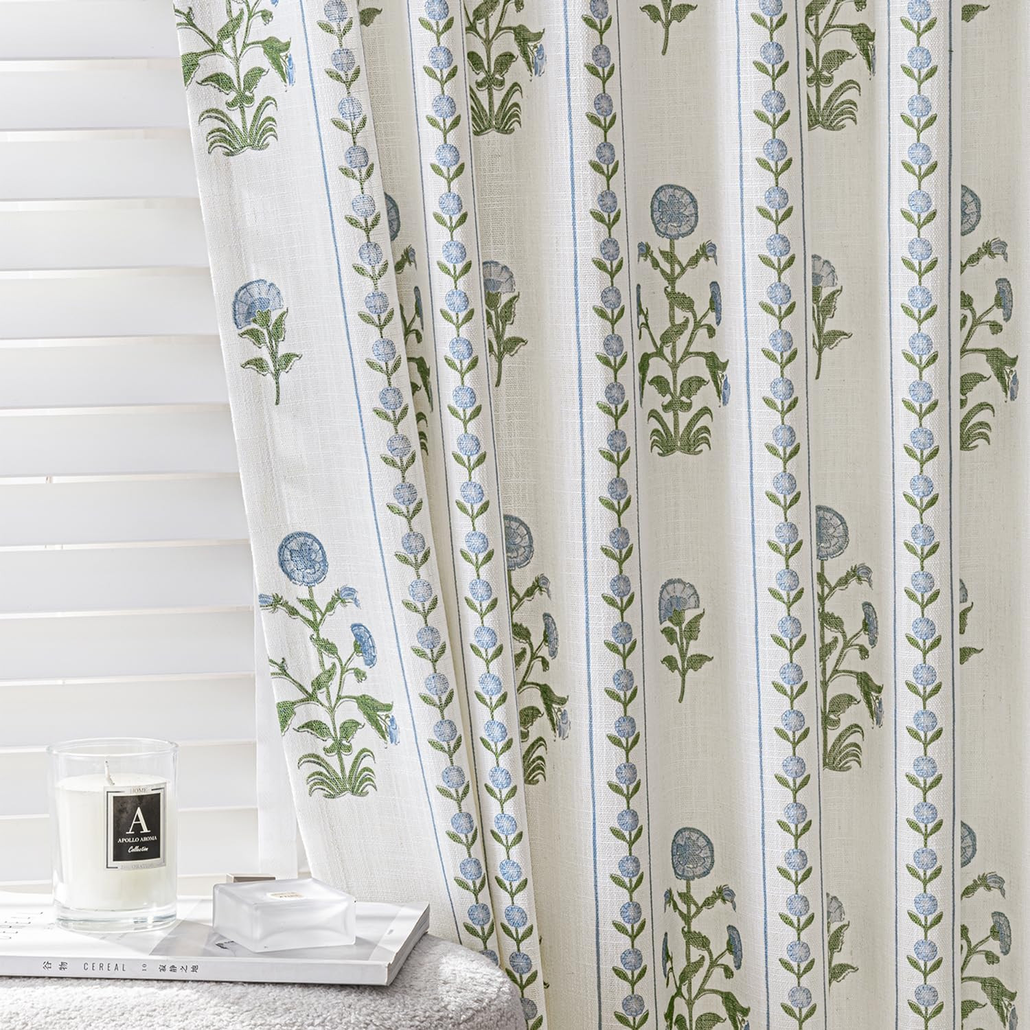 Flower Pinch Pleated Linen Curtains for Living Room Bedroom Dining Room, Light Filtering Memory Trained Luxury Patterned Farmhouse Pleat Drapes with Hooks, Blue & White, 40"W x 96"L, 2 Panels | Amazon (US)