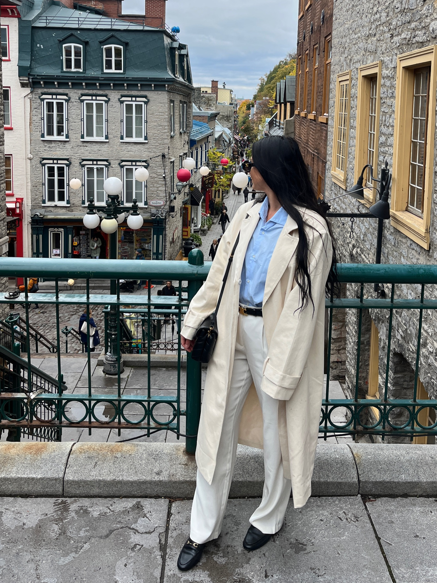 Light colour autumn look - white trousers, blue Oxford shirt, coach loafers, Celine belt and sunglasses, cream trench coat and YSL bag 

#LTKstyletip #LTKSeasonal