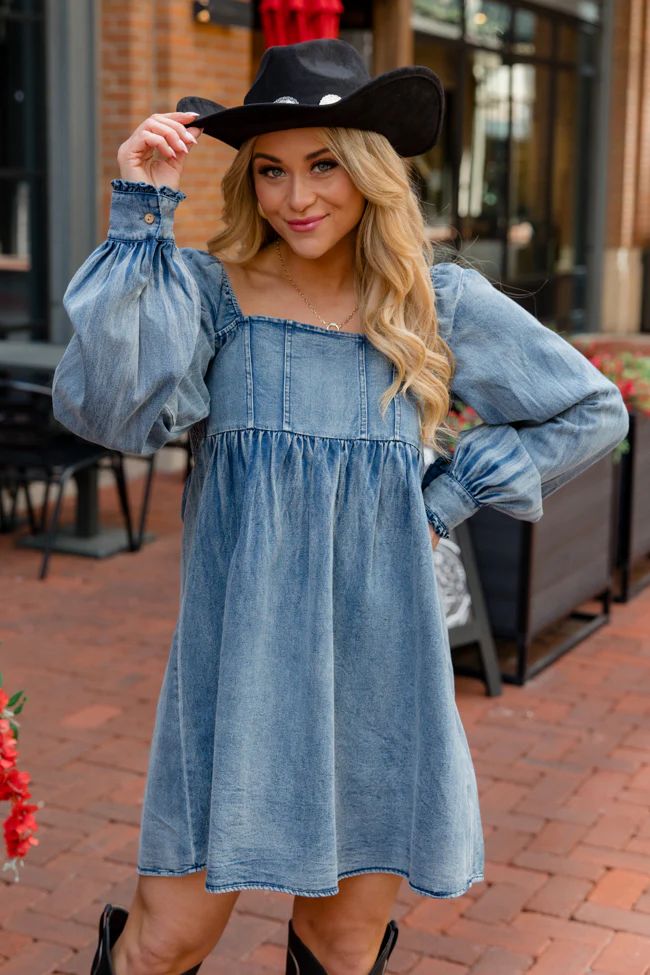 Big City Dreams Blue Denim Square Neck Dress | Pink Lily