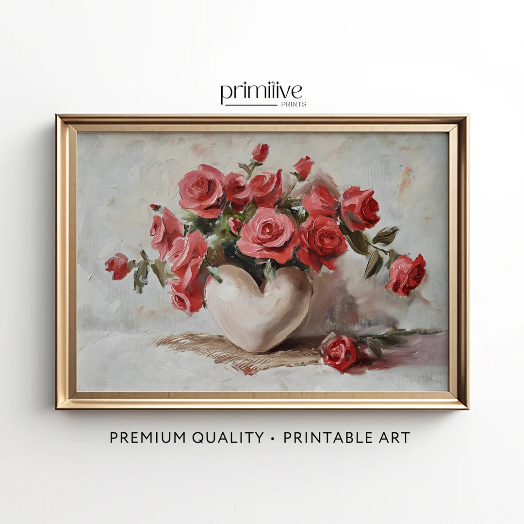 Red Roses Art Print Valentines Day PRINTABLE Wall Art Vintage Romantic Decor Heart Shaped Vase Pa... | Etsy (US)