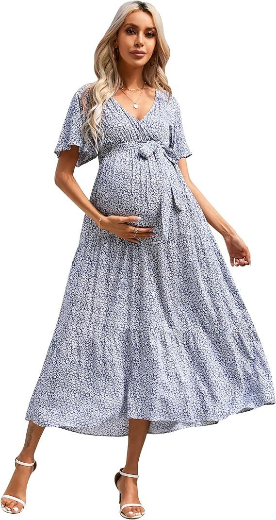 FUNJULY Maternity Dress Women's V-Neck Puff Sleeve Pleated Maternity Maxi Dress for Baby Shower o... | Amazon (US)