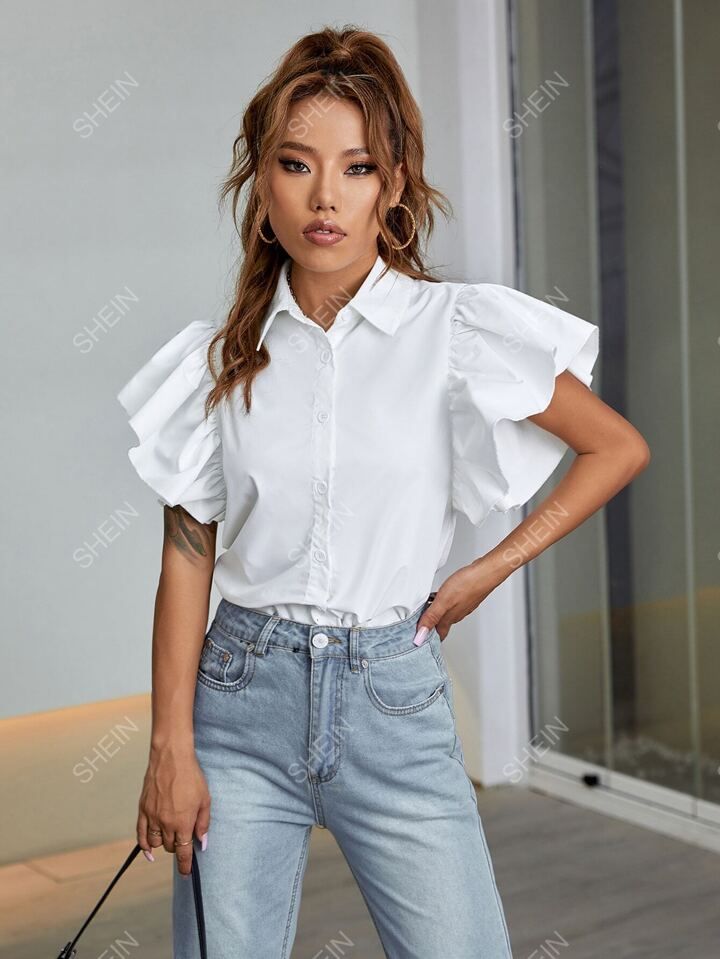 SHEIN Frenchy Ruffle Sleeve Solid Shirt | SHEIN