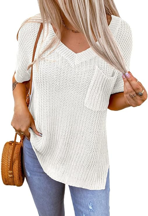 Asvivid Women's V Neck Side Slit Ribbed Knit Tops Casual Solid Color Short Sleeve Sweater with Po... | Amazon (US)