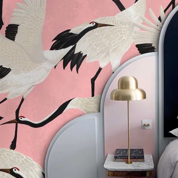 Pink Heron Print Wallpaper Asian Birds Wall Art Popular | Etsy | Etsy (US)