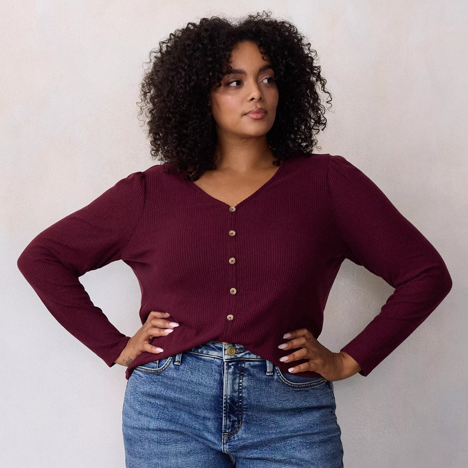 Plus Size LC Lauren Conrad Puff Sleeve V-Neck Knit Cardigan | Kohl's