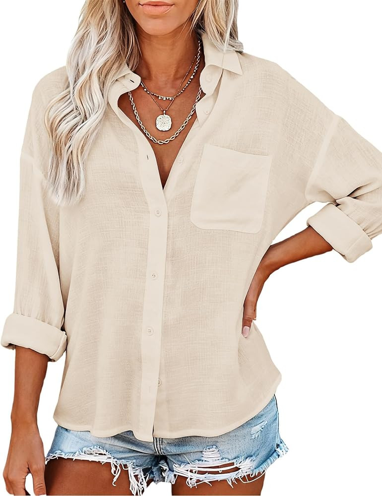 JEKAOYI Womens Button Down Shirts Long Sleeve Linen Casual Collared Blouses Loose Fit | Amazon (US)