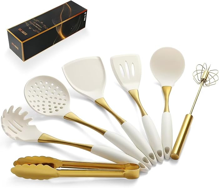 Elegant White Gold Silicone Cooking Utensils Set - Non-Toxic, Dishwasher Safe Kitchen Utensils Se... | Amazon (US)