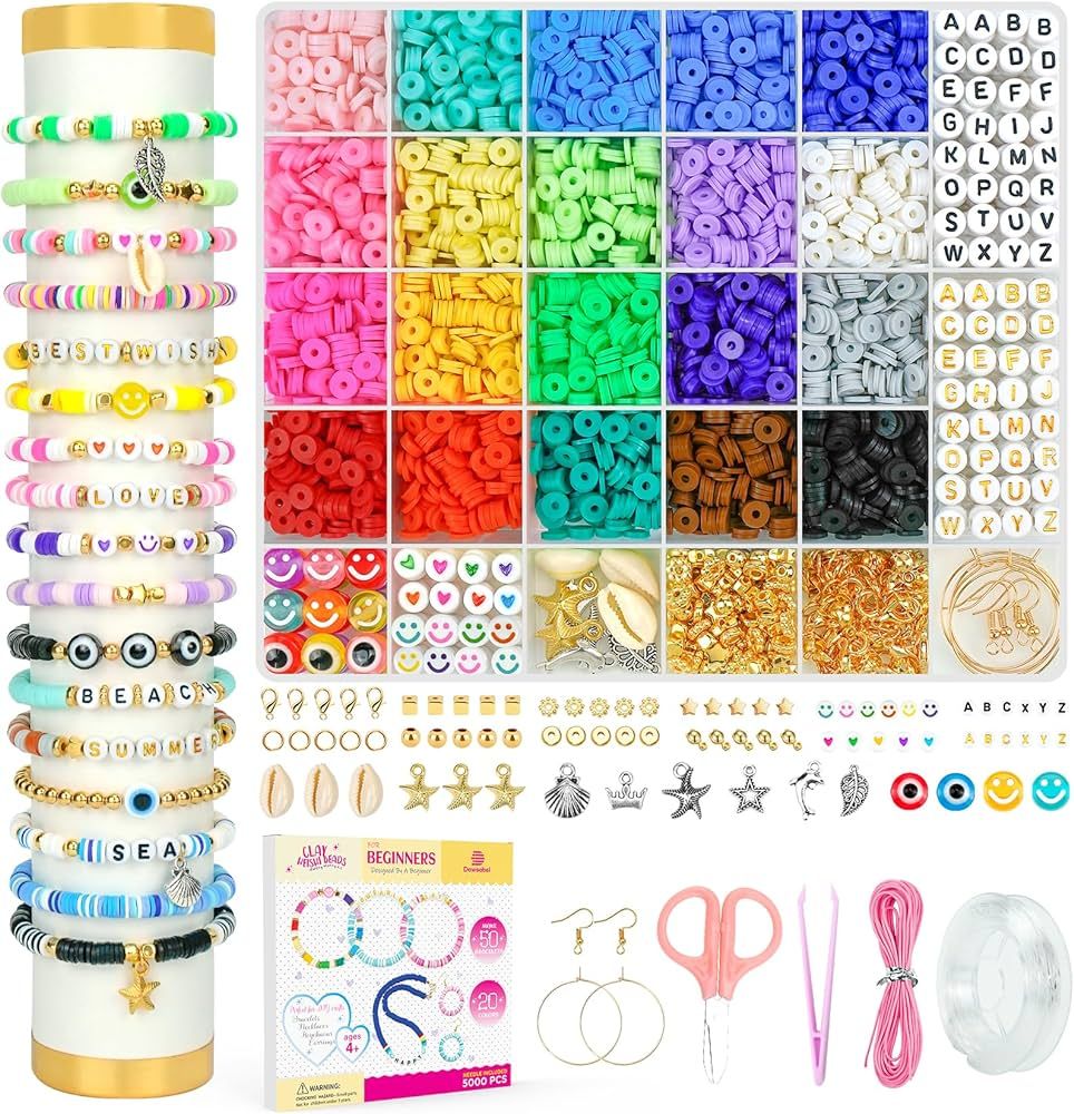 Dowsabel Clay Beads Bracelet Making Kit for Beginner, 5000Pcs Heishi Flat Preppy Polymer Clay Bea... | Amazon (US)