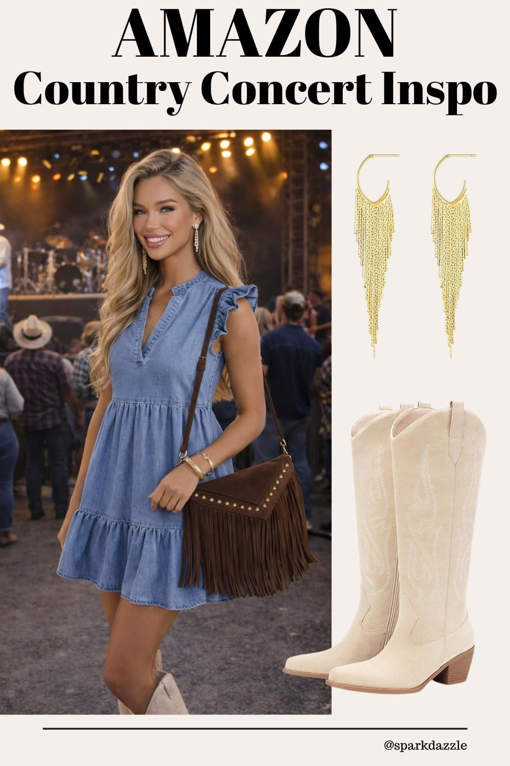 Ready for a country concert? This chic denim dress and cowboy boots combo is perfect for the stag... | Amazon (US)