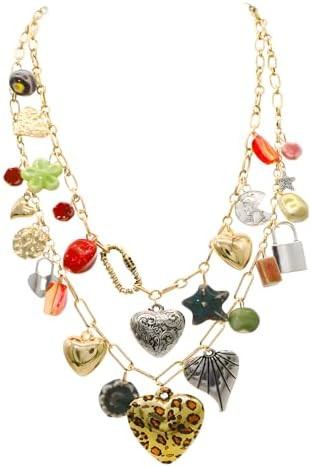 JNF Chunky Layer Heart Charm Necklace for Women Boho Heart Sun Flower Key Coins Charms Necklaces ... | Amazon (US)