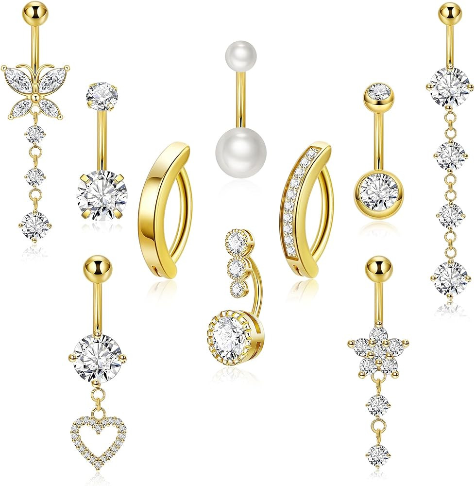 10pcs 14k Gold Plated 14G Belly Button Rings for Women Surgical Steel Dangle Belly Rings CZ Click... | Amazon (US)