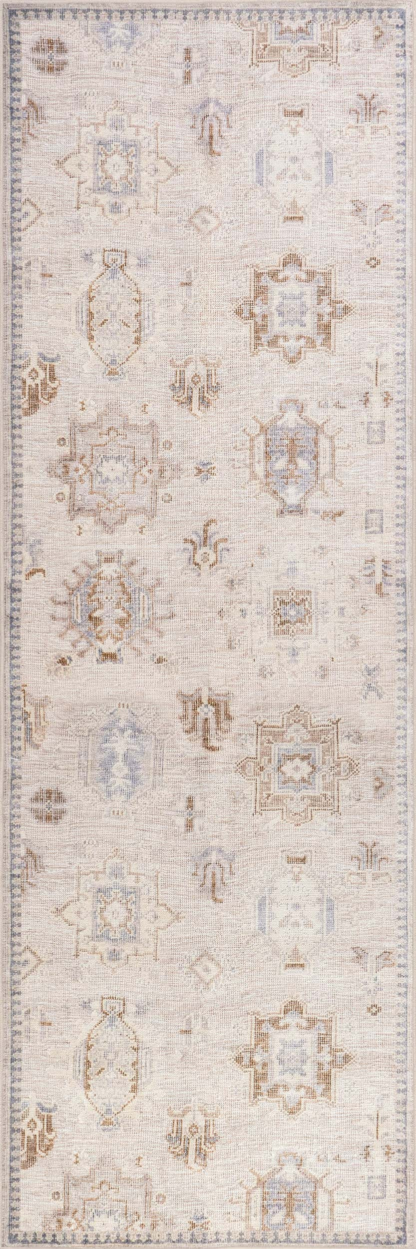 Color: BeigeBrenda Hazy Heraldry Spill Proof Washable Rug | Beige Beige swatchShape: RunnerRectan... | Rugs USA