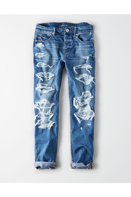 AE Tomgirl Jean Women's Shadow Patched Blues 4 Long | American Eagle Outfitters (US & CA)