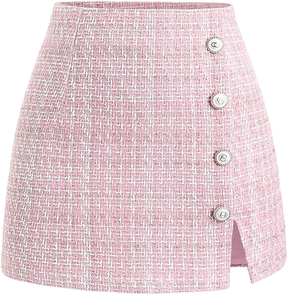 SweatyRocks Women's High Waist Split Button Elegant Tweed Short Skirt Plaid Skorts | Amazon (US)