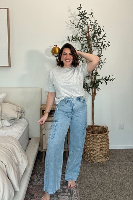 Trendy cargo wide leg jean | old navy denim haul. Wearing a size 8 regular, I’m normally a 10 in non stretchy jeans and these are an 8, so I definitively sized down. I’m 5’4. Mom style, mom outfit, jeans look. 

#LTKstyletip #LTKmidsize #LTKsalealert