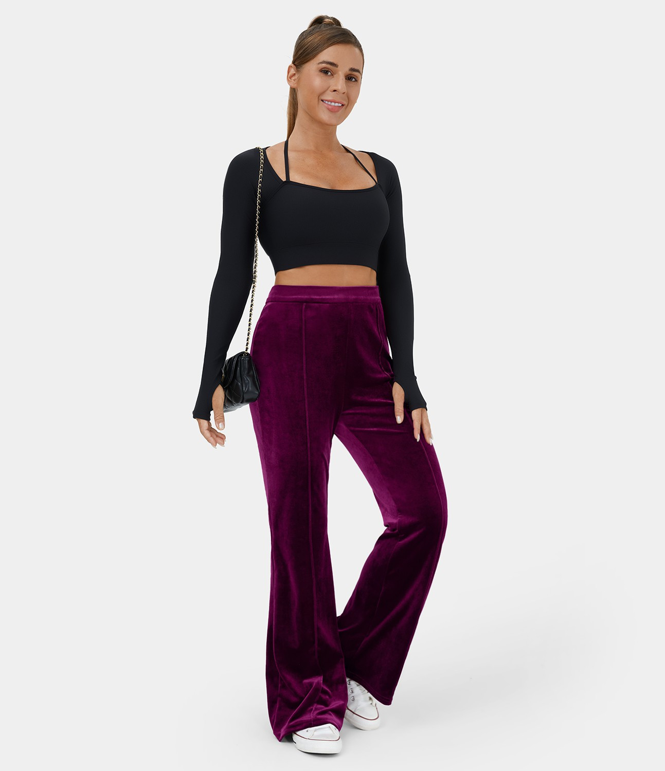 Women’s High Waisted Side Zipper Flare Velvet Casual Pants - Halara | HALARA