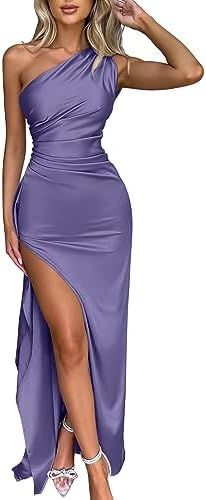 Memoriesea Women's Sexy One Shoulder Satin High Split Cocktail Wedding Party Maxi Dress | Amazon (US)
