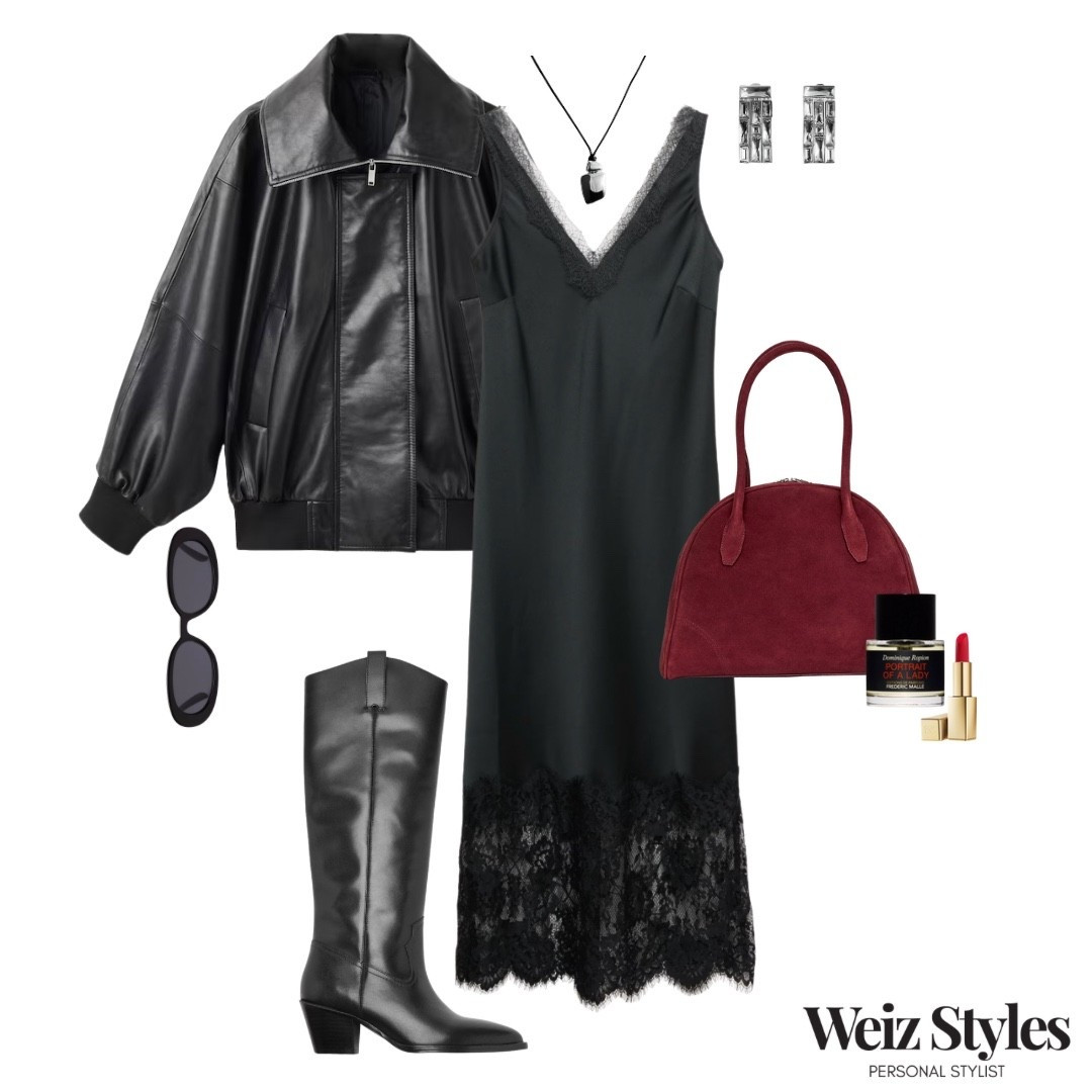 An all black look is always striking and this one brings just the right amount of edge. I’m loving how the lace detail dress softens the leather jacket and the knee-high boots ground the whole outfit with confidence. Finishes off with a bold pop of red lipstick, because sometimes it’s the smallest detail that makes the biggest impact! 🖤

Make sure you come back tomorrow for your daily @weizstyles fashion fix! 🎉

Louise x

#LTKstyletip #LTKautumn #LTKuk