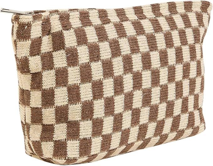 Cessfle Checkered Makeup Bag Small Cosmetic Pouch Knitted Make up Bag Brown Plaid Travel Toiletry... | Amazon (US)