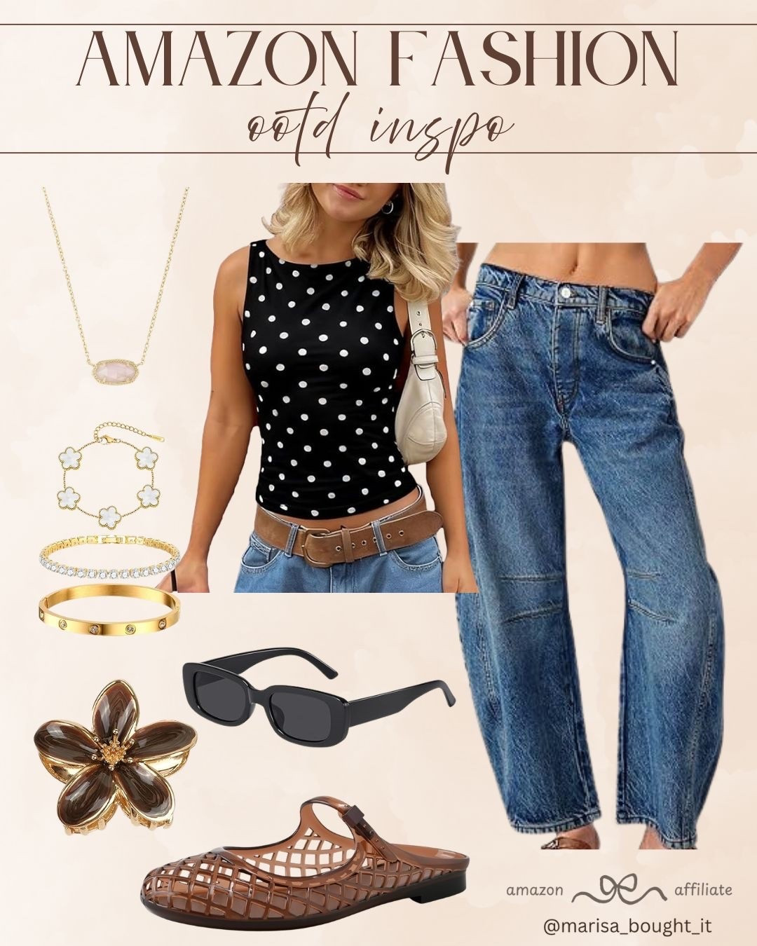 🖤 Keep it casual yet trendy with this everyday Amazon fashion inspo! This chic polka dot sleeveless top paired with relaxed, wide-leg denim jeans creates the perfect balanced silhouette for running errands or grabbing lunch. 👖
I love elevating this classic look with stylish brown jelly sandals, sleek black sunglasses, and a stack of gold bracelets. It is an effortlessly cool outfit combo that is both comfortable and fashionable! 🌟
#AmazonFinds #OOTDInspo #CasualStyle #EverydayFashion #DenimLovers #AmazonStyle #StreetStyle #EffortlessLook

#LTKootd #LTKSeasonal