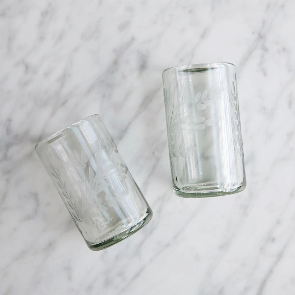Hand-etched Floral Recycled Glassware - Short | Roan Iris