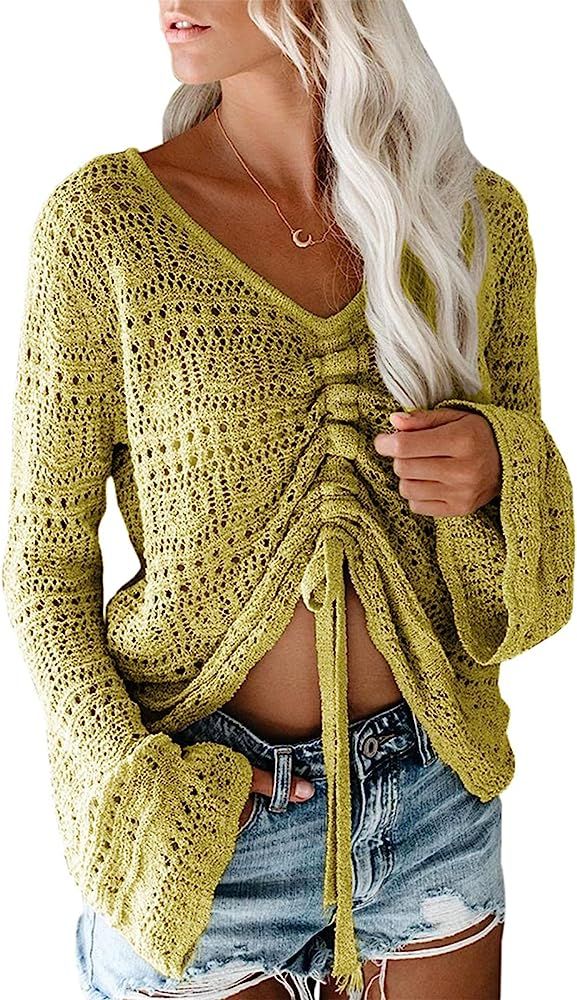 Saodimallsu Womens Boho Off Shoulder Sheer Crop Tops Bell Sleeve Flowy Oversized Crochet Ruched Pull | Amazon (US)