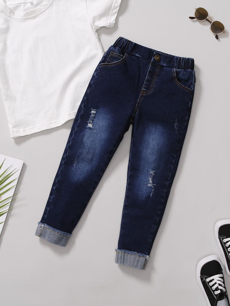 Toddler Boys Ripped Raw Cut Folded Hem Jeans | SHEIN