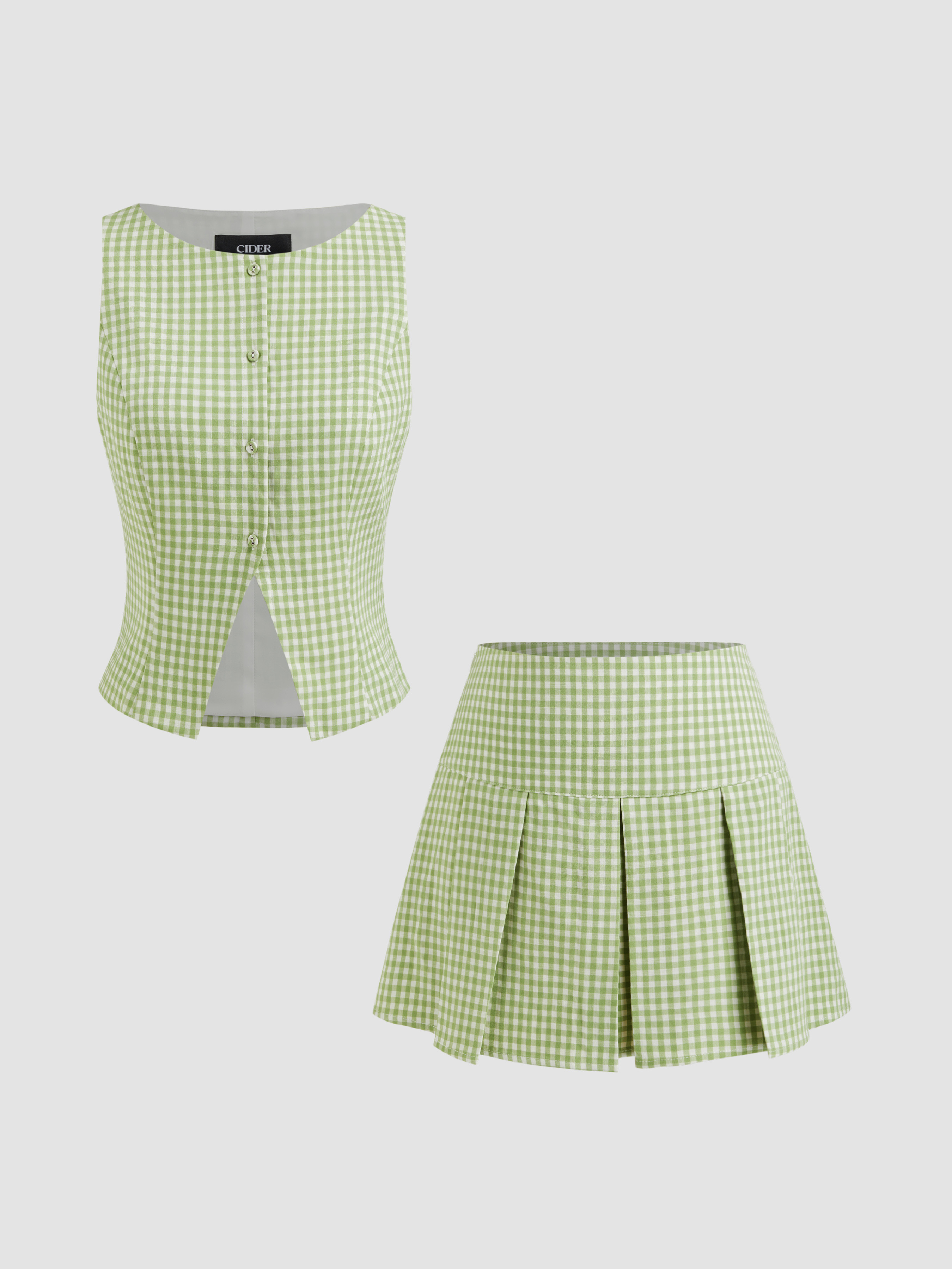 Woven Boat Neck Gingham Button Up Tank Top & Mid Rise Pleated Mini Skirt Set For Daily Casual | Cider