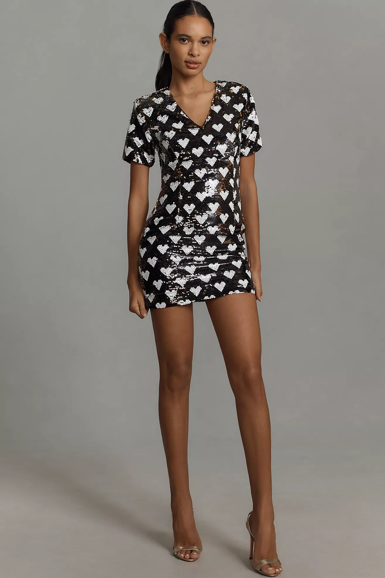 Endless Rose Short-Sleeve V-Neck Sequin Shift Mini Dress | Anthropologie (US)