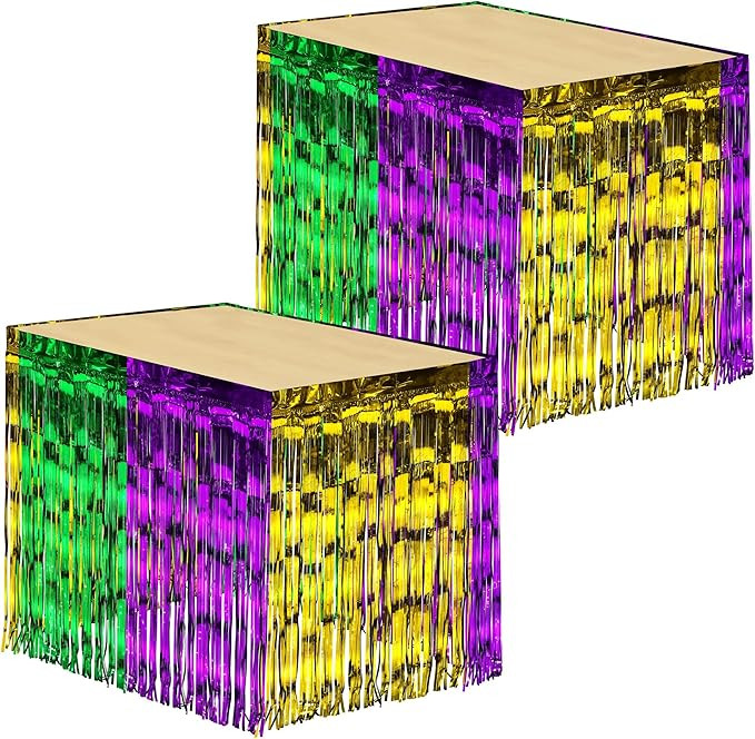 ADXCO 2 Pack 29 x 106 Inches Mardi Gras Metallic Foil Fringe Table Skirt Disposable Tinsel Table ... | Amazon (US)
