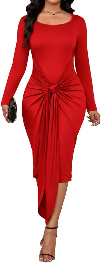 ENOPINK Fall Bodycon Dresses for Women 2025 Spring Long Sleeve Midi Dress Square Neck Party Club ... | Amazon (US)
