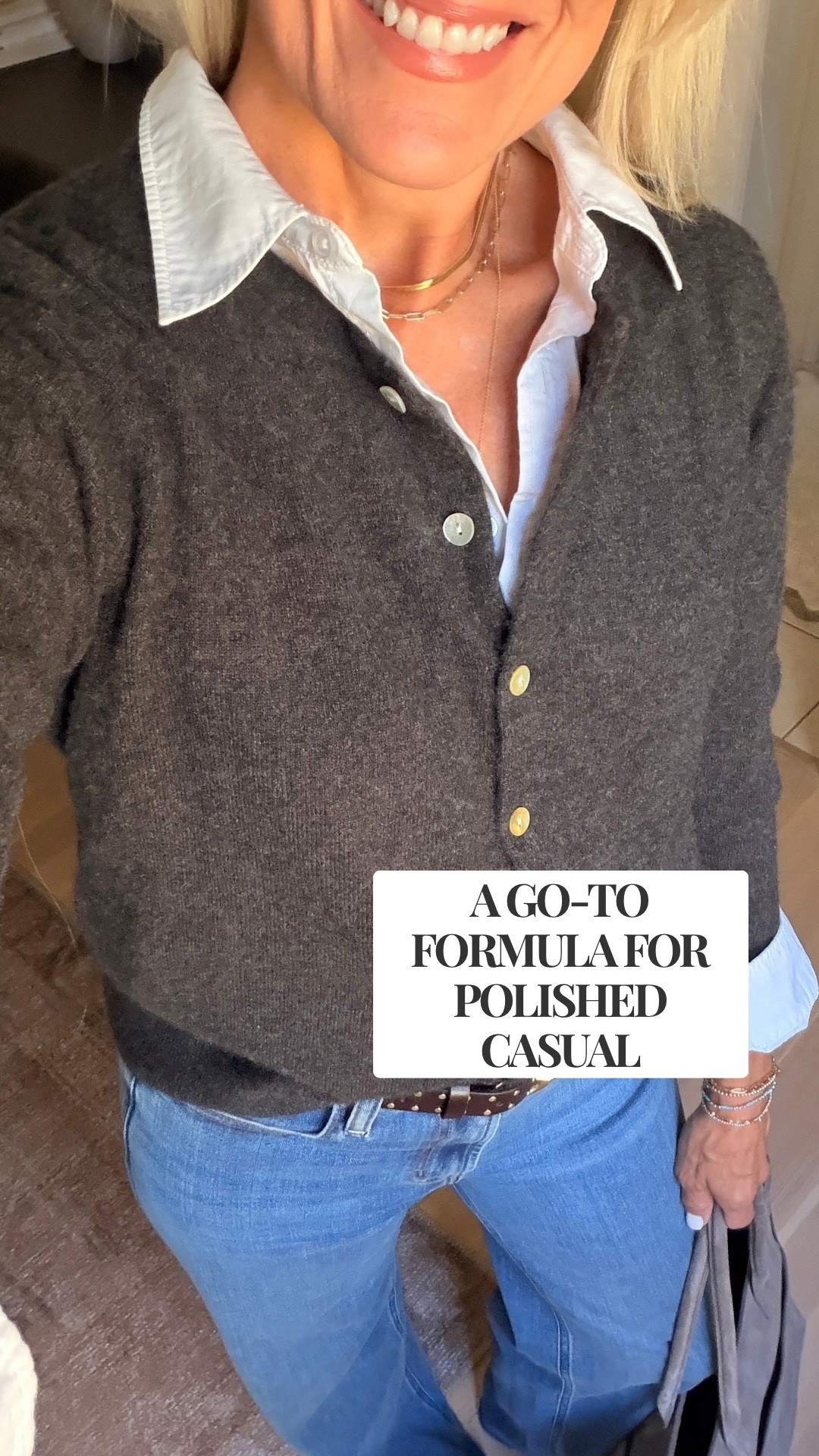 Some outfit formulas are worth repeating. A crisp white button-down layered under a cozy cardigan, favorite jeans, and a belt—simple pieces that always come together for a polished casual look. This is the kind of everyday outfit I can see myself wearing on repeat.