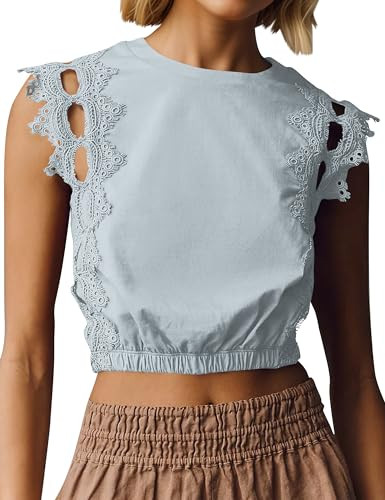 Ardrem Women Lace Trim Cutout Bubble Top Boho Eyelet Cropped Tank Top Sleeveless Hollow Out T Shirts Lace Going Out Top Light Blue | Amazon (US)