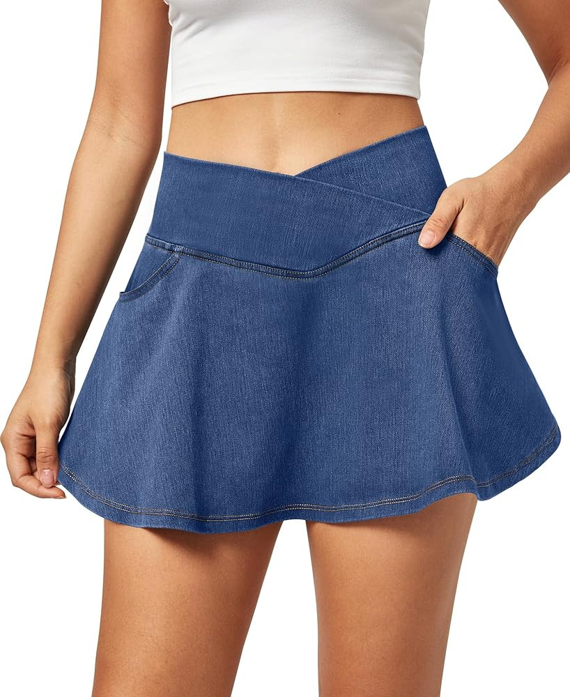 IUGA Stretchy Denim Skort V-Waist Jean Skort with Pockets High Waisted Mini Jean Skirt with Short... | Amazon (US)