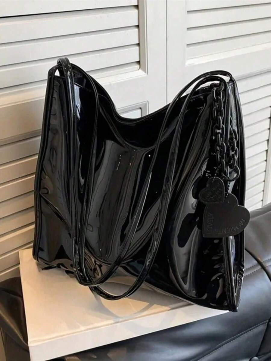 Yogodlns Stylish Patent Leather Tote Bag Solid Color Large Capacity Shoulder Bag Bucket Bags Unde... | SHEIN