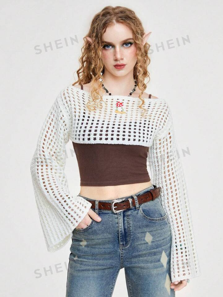 ROMWE Fairycore Summer Crochet Spring/Summer Mesh With Cute Mushroom Embroidery Women's Sweater P... | SHEIN