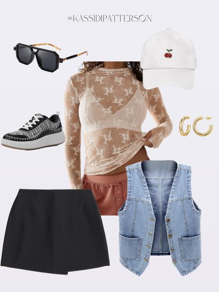 Trucker hat, lace undershirt, denim vest outfit, styled outfit ideas for spring 

#LTKfindsunder100 #LTKstyletip