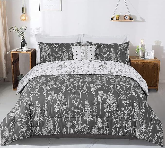 Floral Comforter Set Queen Size Black White Plant Flower Pattern Comforter with Pillowcases Rever... | Amazon (US)